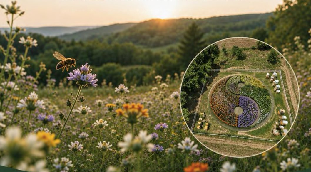 Çiçek açmış bir yayla ve yin-yang biçiminde tasarlanmış demonstrasyon bahçesinin kuşbakışı görünümü